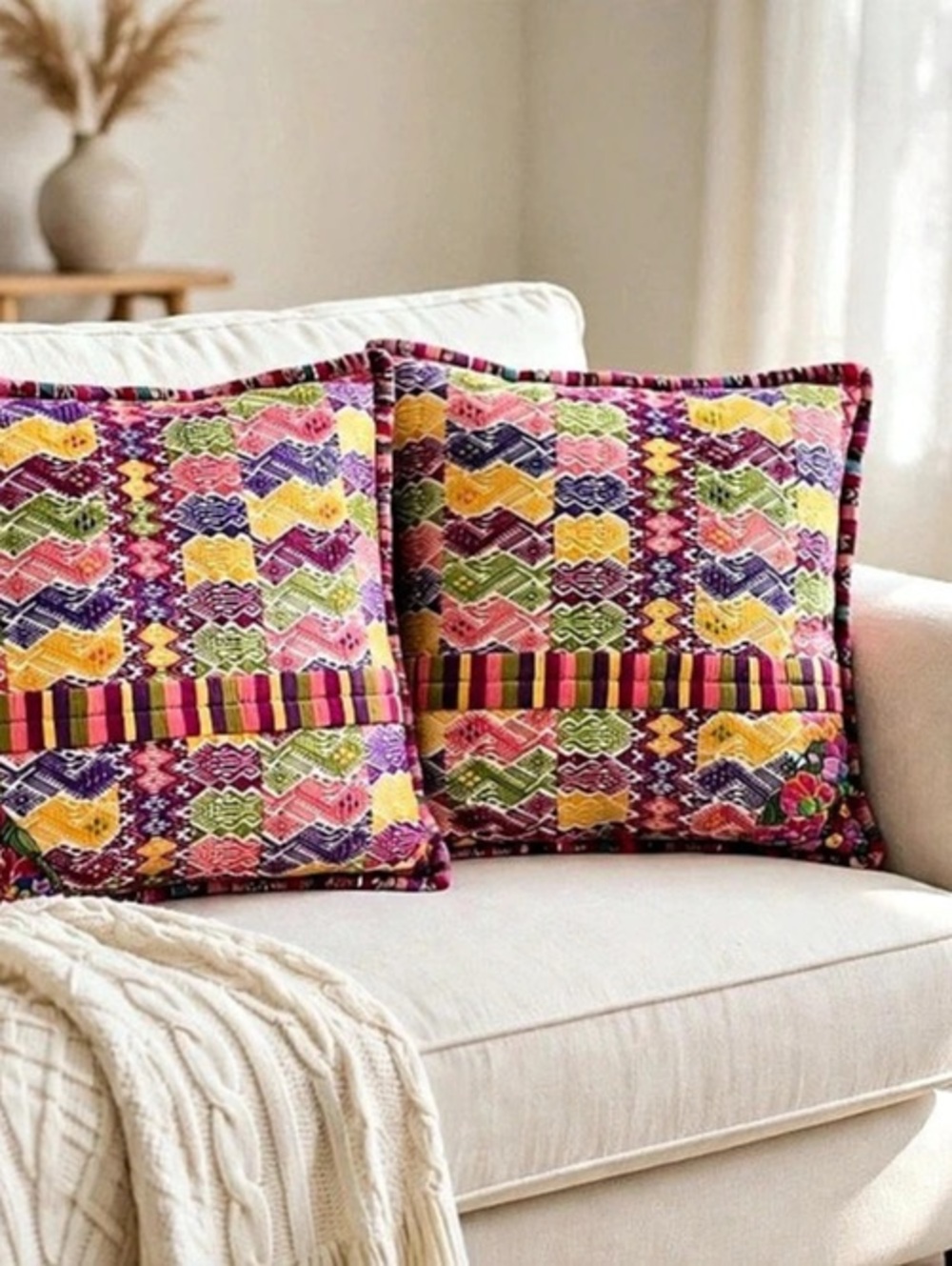 Colorful Boho Woven Throw Pillows Set of 2 Geometric Textile | Zippered